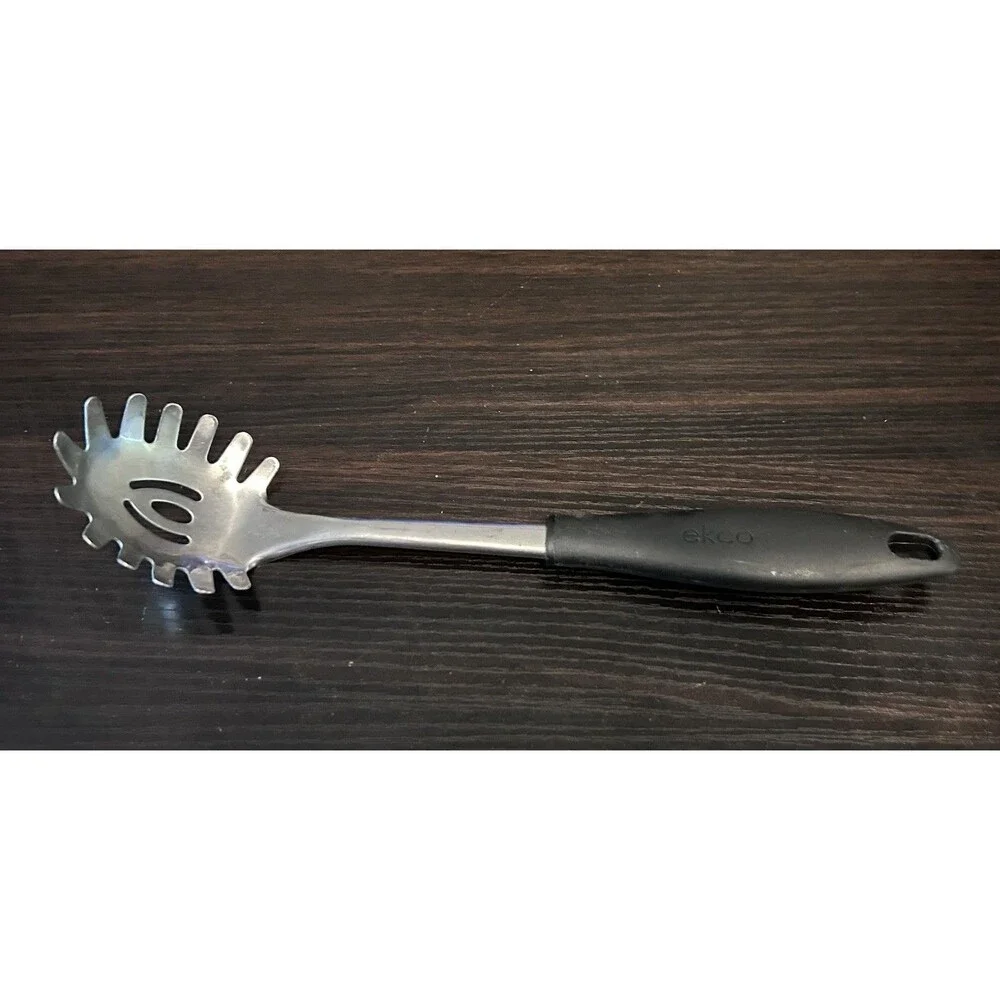 Vintage EKCO Stainless Steel Pasta Server Spaghetti Spoon Black Handle 12”